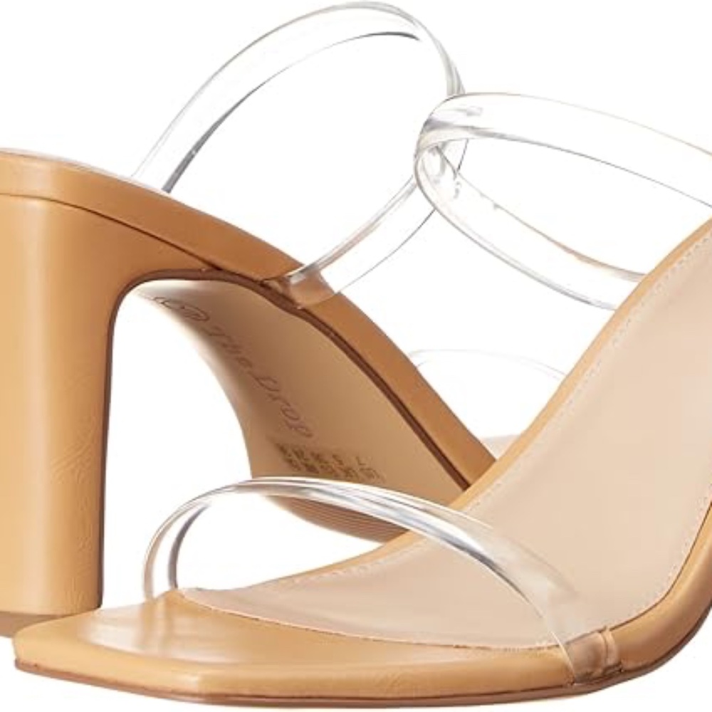 NWT - The Drop Avery Square Toe 2 Strap High Heeled Sandal - Tan / Clear - 7.5